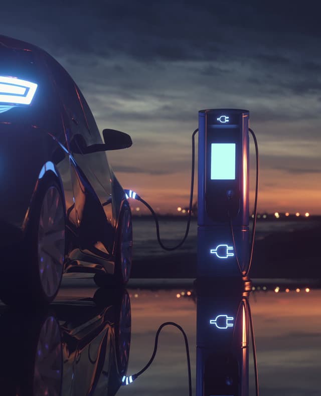 EV charging power unit with cable at night portrait